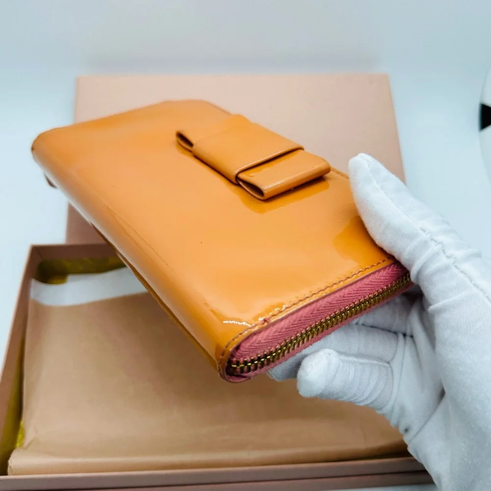Miu Miu Glossy Orange Patent Zip Wallet
